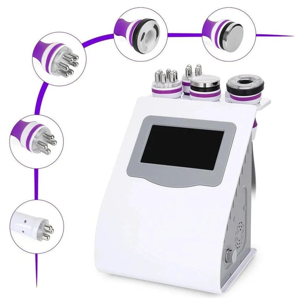 5-in-1 cavitation, radiofrequency, vacuum and LED photon benchtop system shown with its five handpieces