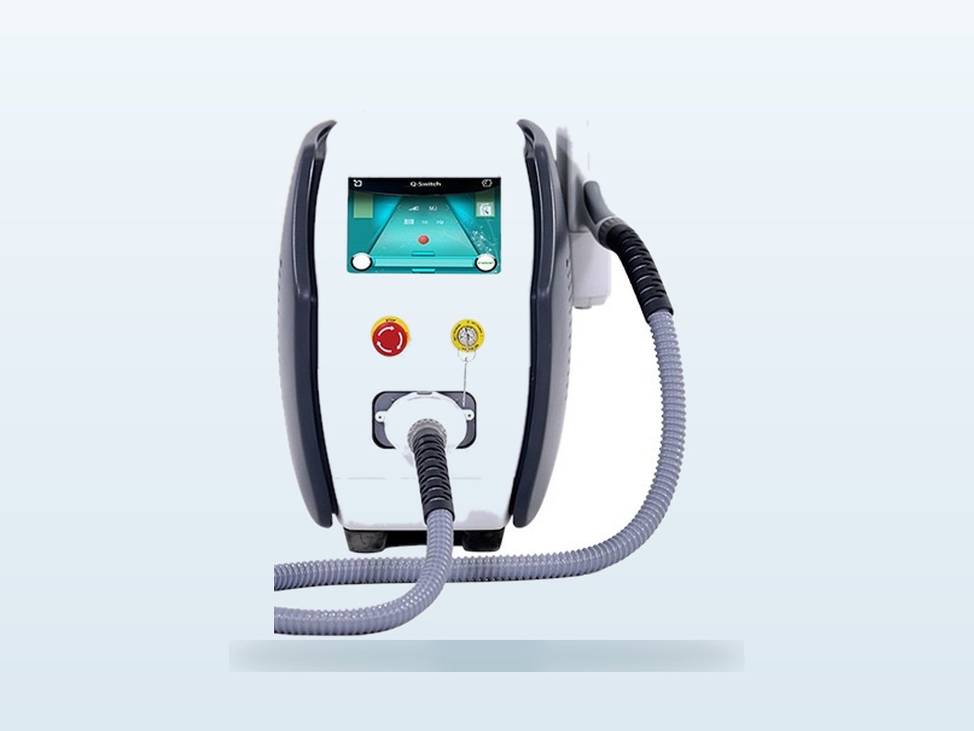 The AL1 Q-switched Nd:YAG laser, front view with the handpiece in its holder