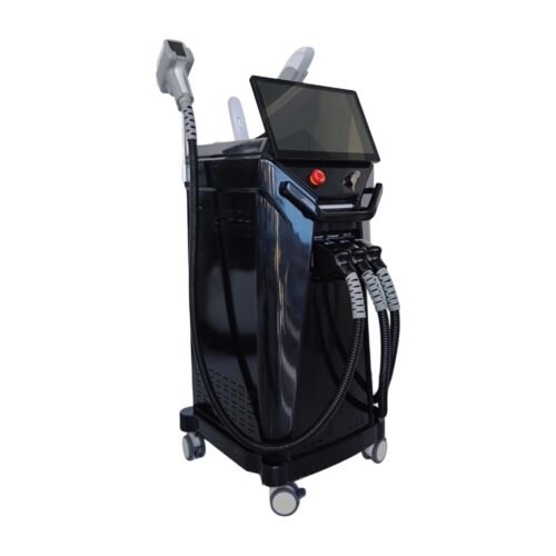 DPL4 diode laser and IPL system in black, angled view showing the touchscreen and handpieces