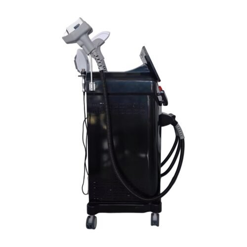 DPL4 diode laser and IPL system in black, side profile with handpieces in their cradles