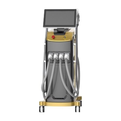 DPL4 diode laser and IPL system in gold and grey, three-quarter view on castors