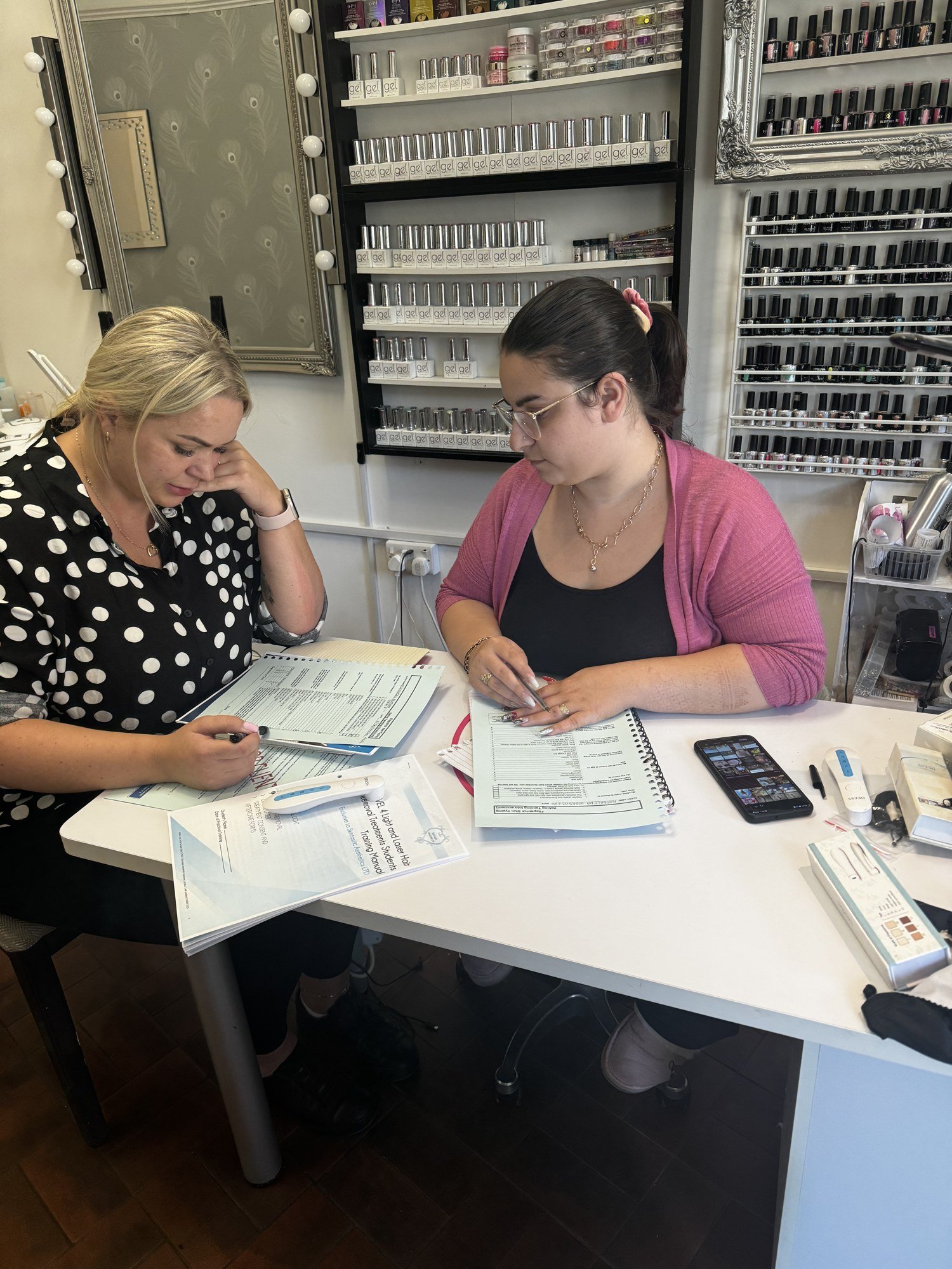 Learners completing course workbooks during Level 4 laser and IPL training