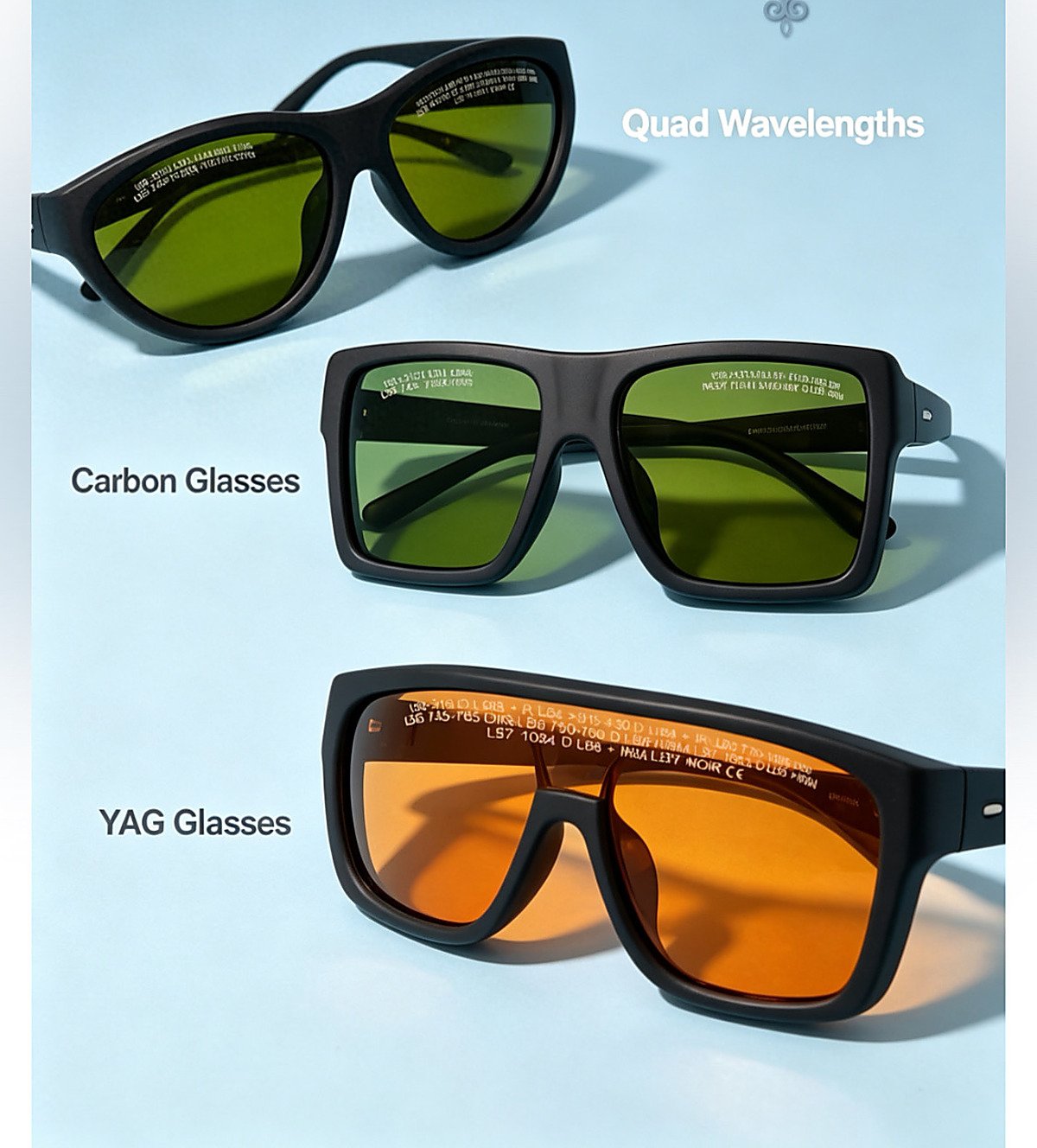 Three pairs of laser safety eyewear rated for different wavelengths
