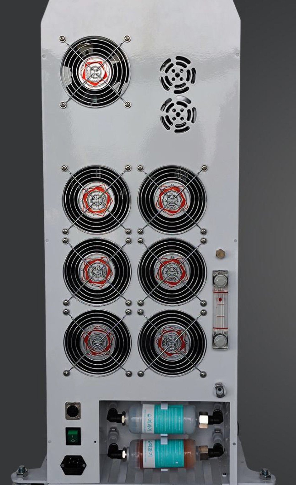 LD1 diode laser rear panel showing the two external water filters at the base