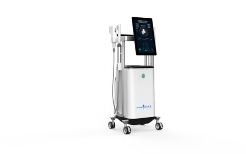 Smasfocus X 20D HIFU machine, three quarter view, trolley unit with touchscreen and handpieces