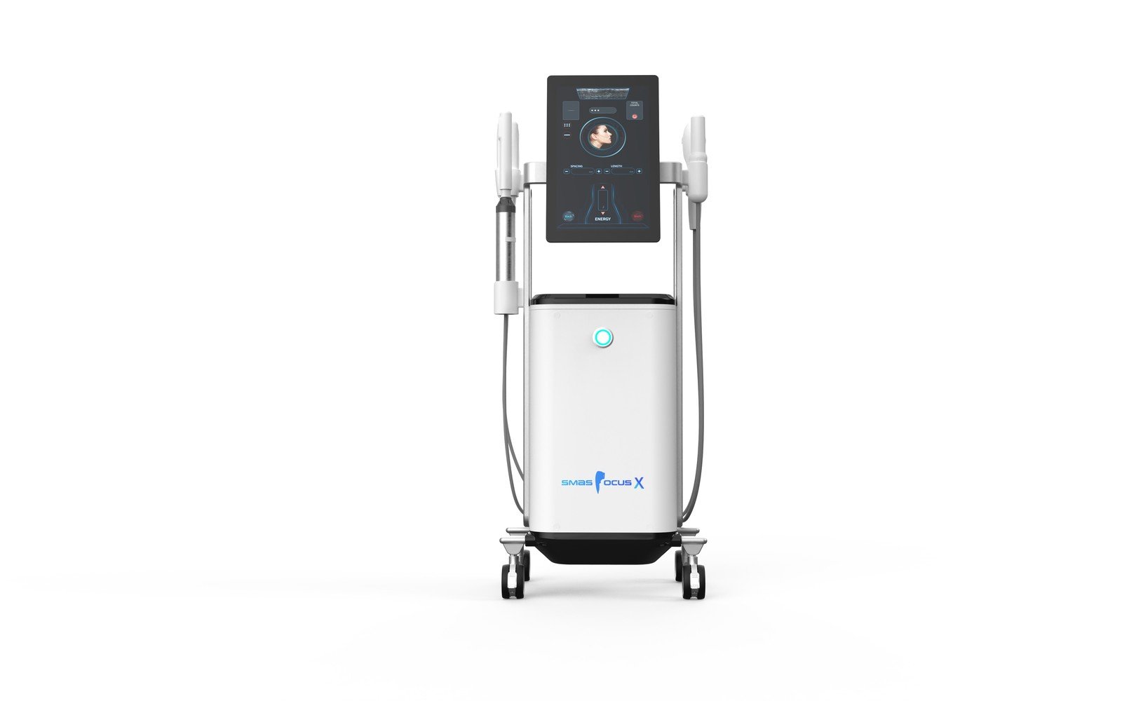 Smasfocus X 20D HIFU system front view showing the 15.6 inch touchscreen and cartridge handles