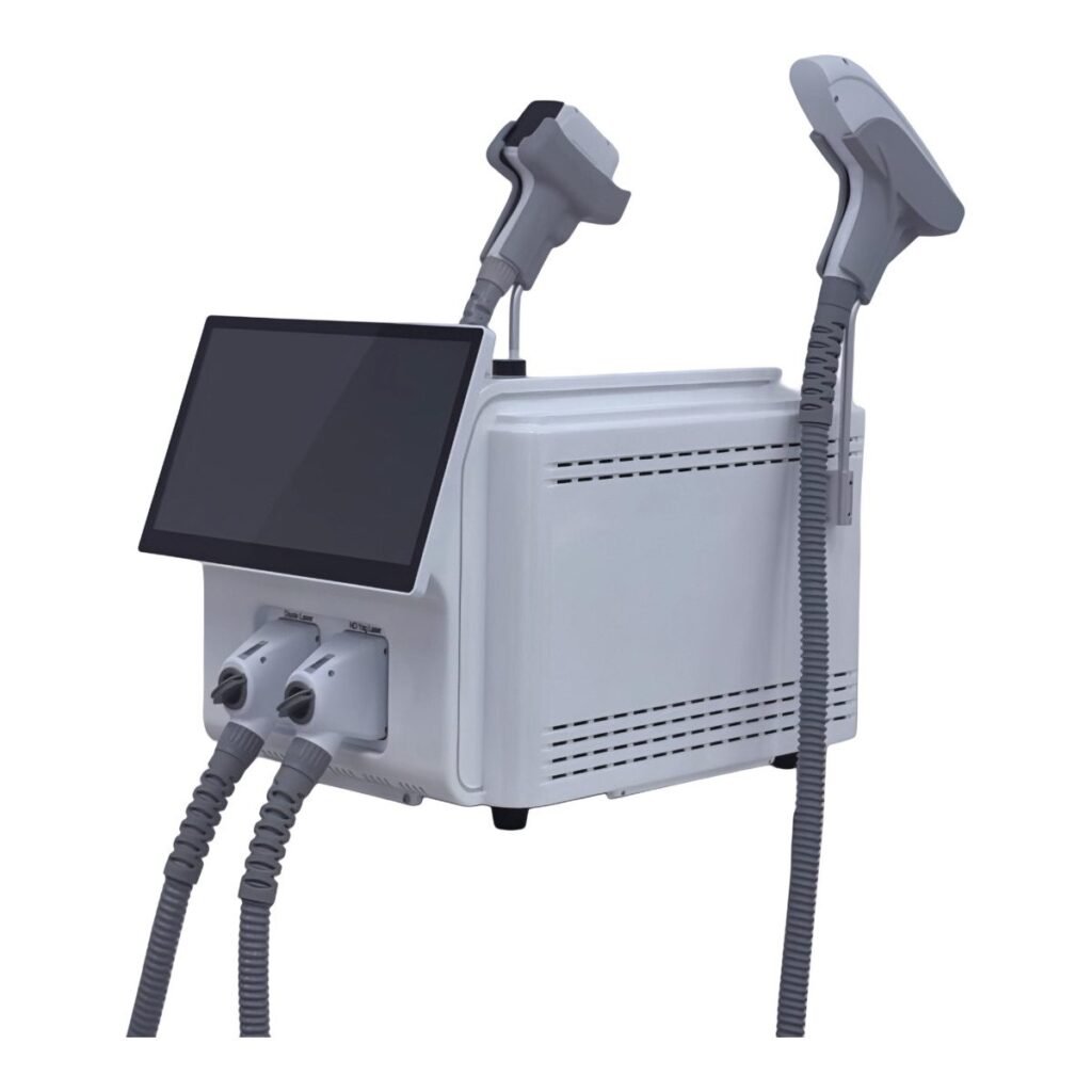 Portable twin handpiece laser system with touchscreen and two connector ports