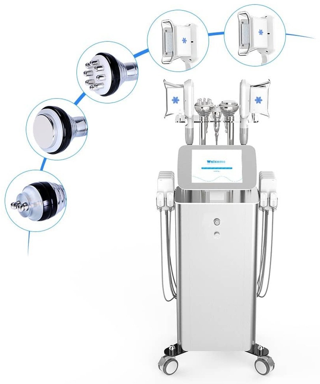 Ultimate 5-in-1 Body Contour System with its cavitation, radiofrequency and cryolipolysis handpieces labelled