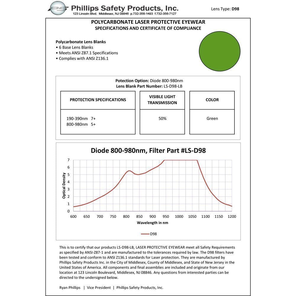 Specification sheet for D98 Diode Alexandrite laser safety glasses, LS-D98-33-BK