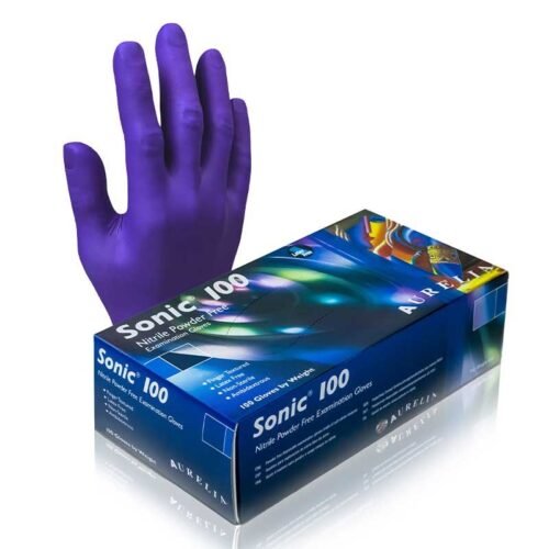 Aurelia Sonic 100 nitrile examination gloves, box and glove