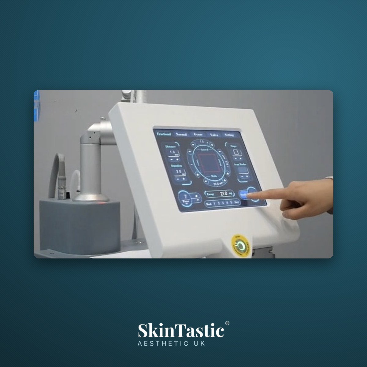 Fractional mode settings screen on the CO2 laser, demonstrated during CPD training at Skintastic Aesthetic UK in Southampton