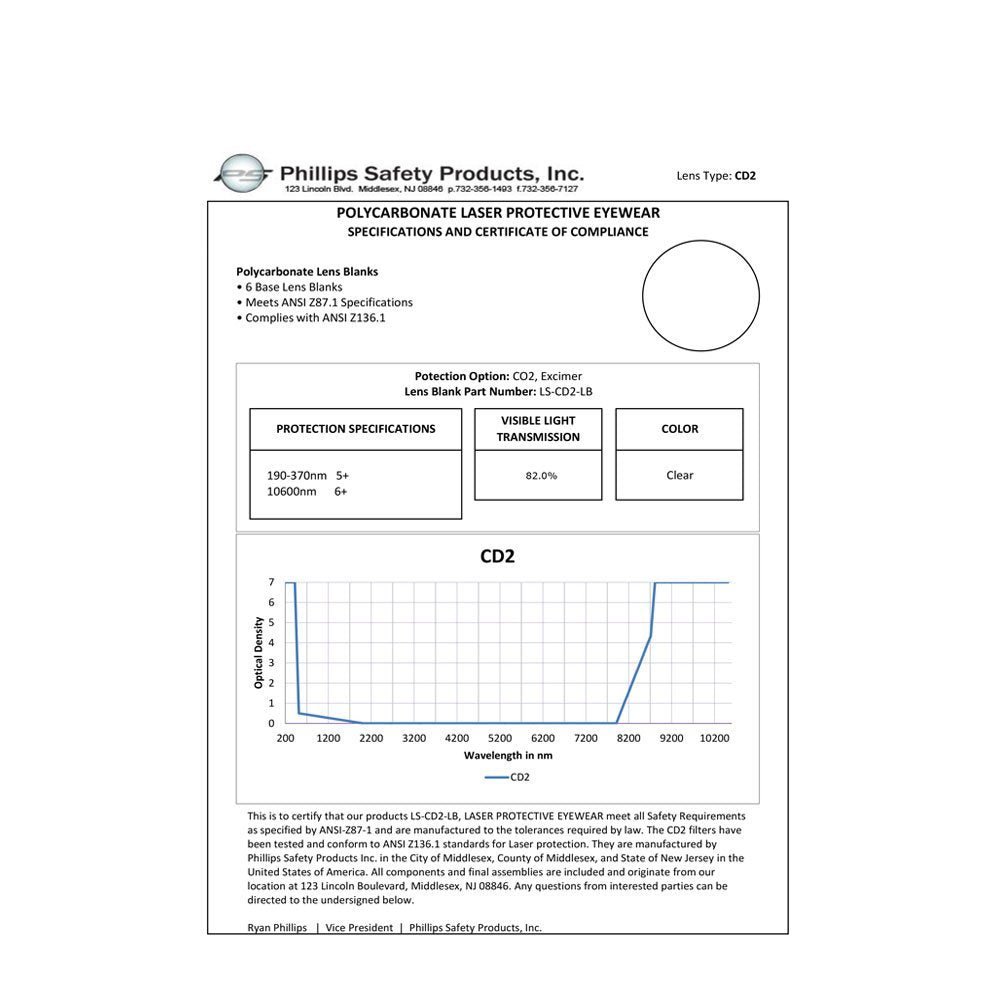 Specification sheet for the CO2 and excimer laser safety filter