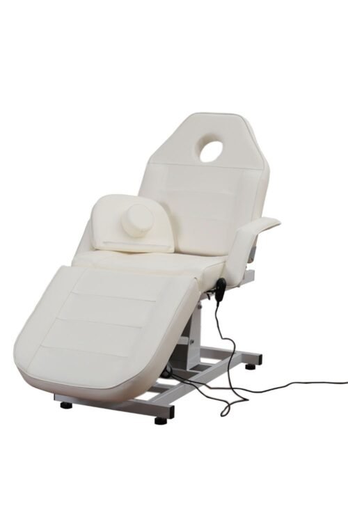 White electric facial bed with motorised height adjustment and reclining backrest