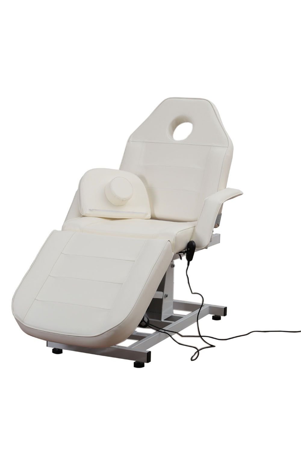 White electric facial bed with motorised height adjustment and reclining backrest