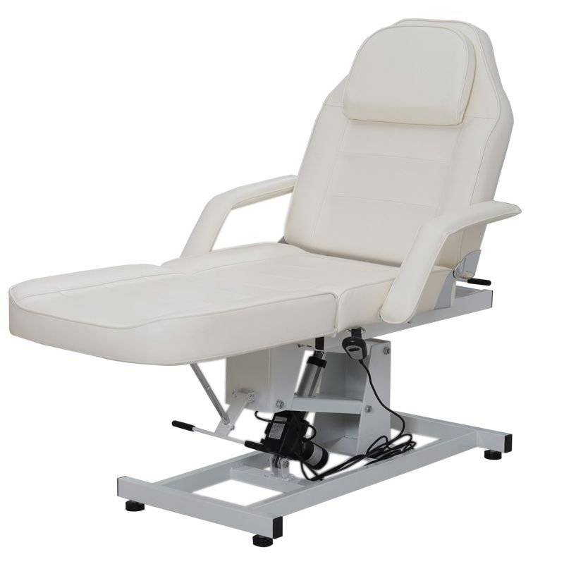 White electric facial bed with motorised height adjustment and reclining backrest
