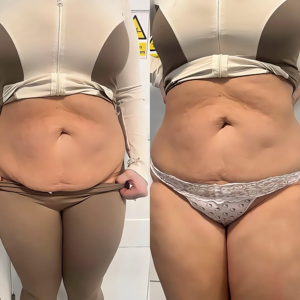 Front view of a client’s stomach before and after twelve weeks of alternated body contouring treatments at Skintastic Southampton