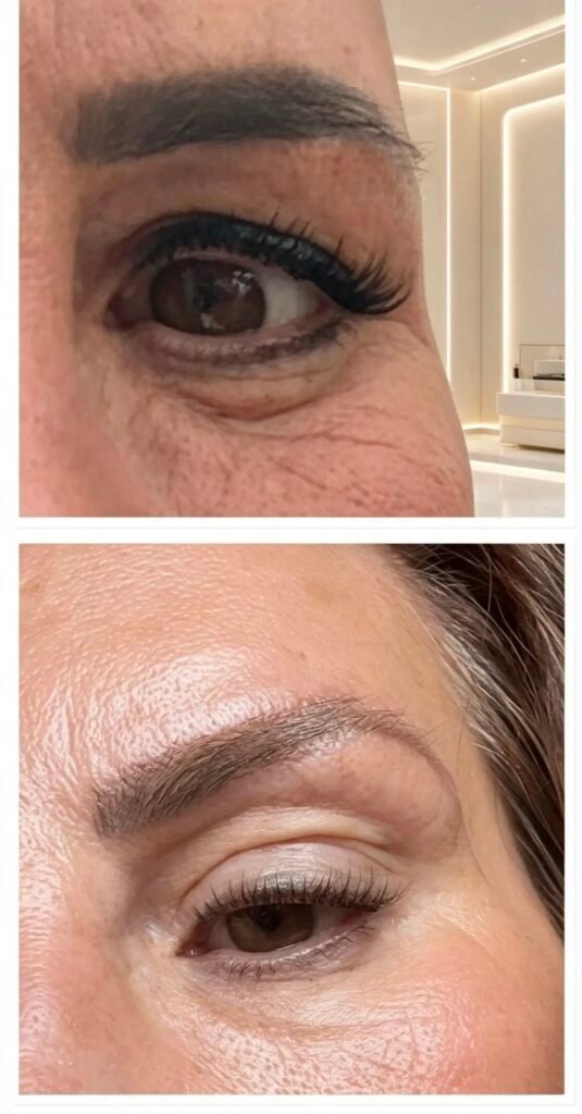 The same client’s permanent eyeliner and brow tattoo after two laser removal sessions on an AL1 at Skintastic Southampton
