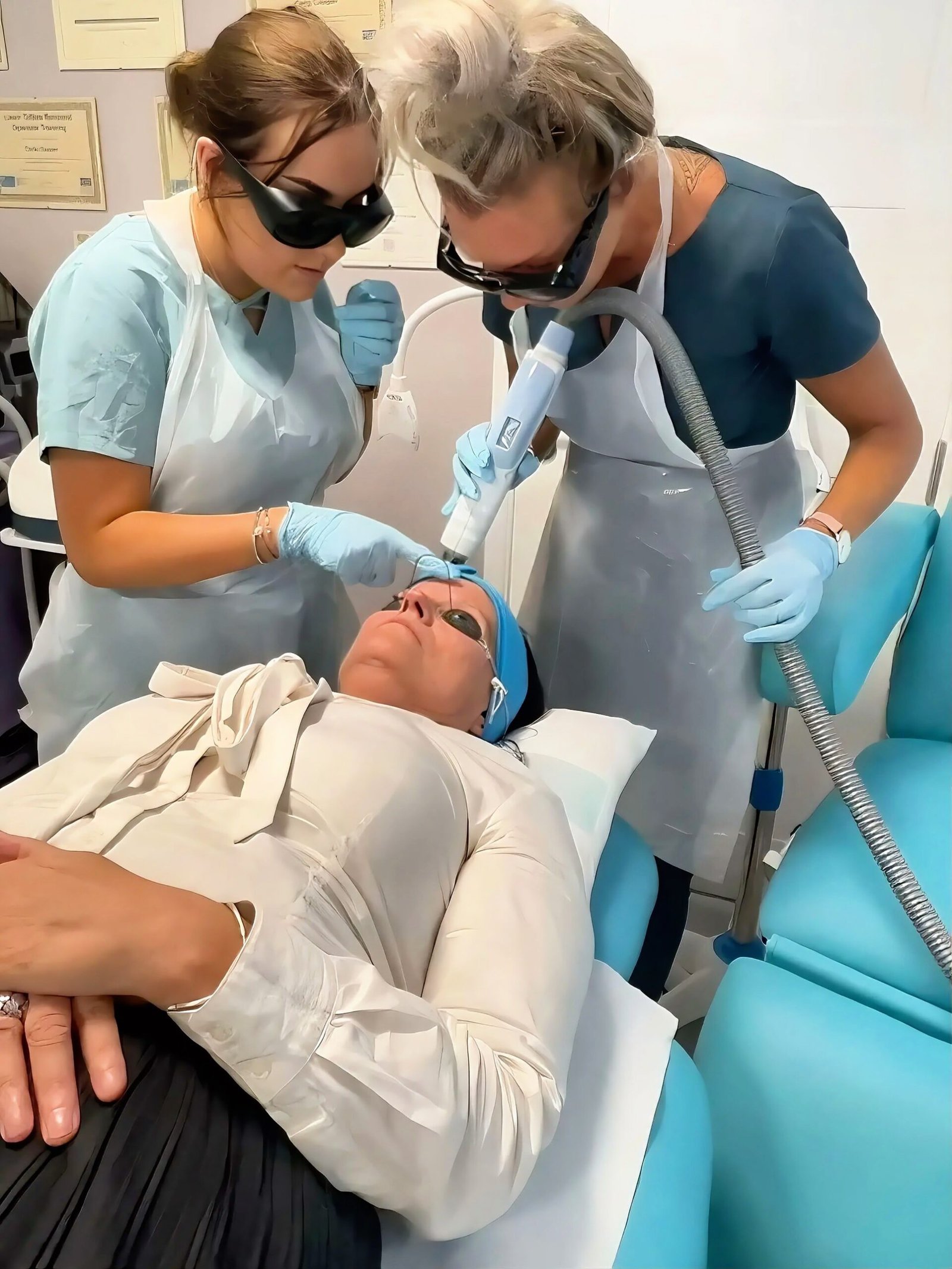 Trainer and learner in laser safety eyewear and aprons treating a brow on a live model wearing eye shields, during semi-permanent makeup removal training at Skintastic Southampton