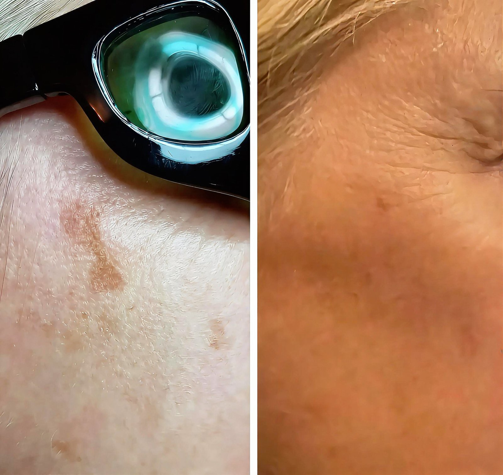 A brown sun spot on the cheek before pigmentation treatment, wearing protective eye shields, and the same area after treatment at Skintastic Southampton