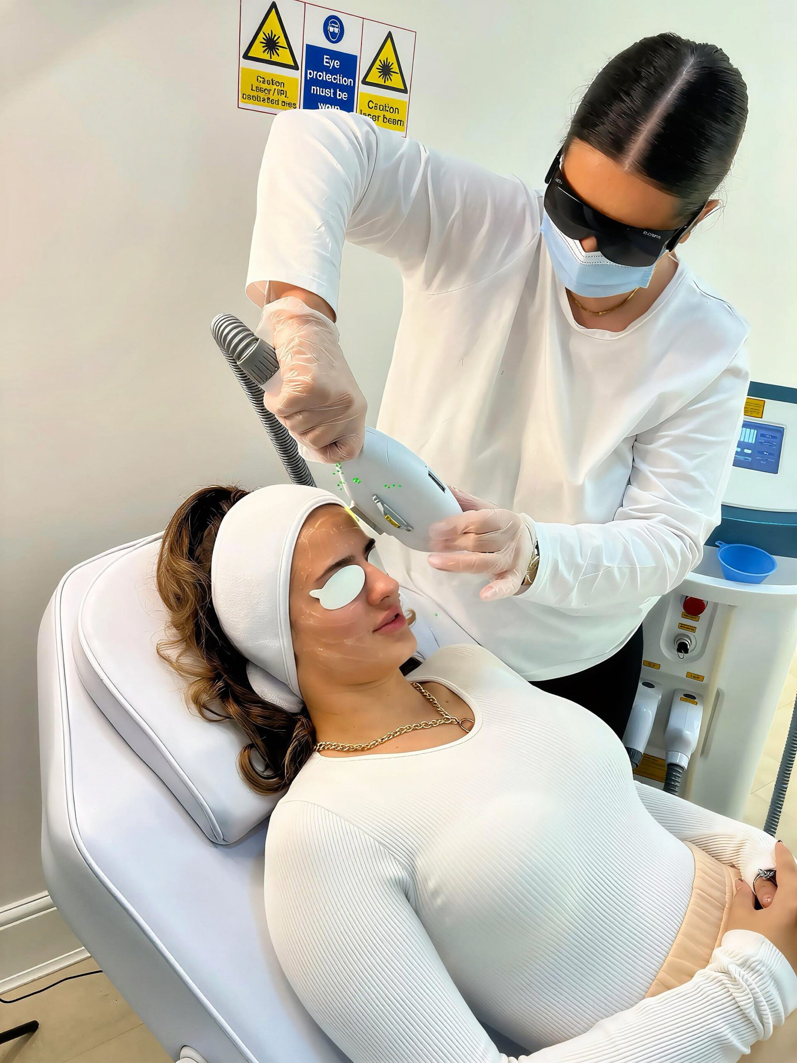 A Skintastic practitioner in laser safety glasses carries out an IPL treatment on a client wearing protective eye shields, beside laser safety signage in the Southampton clinic