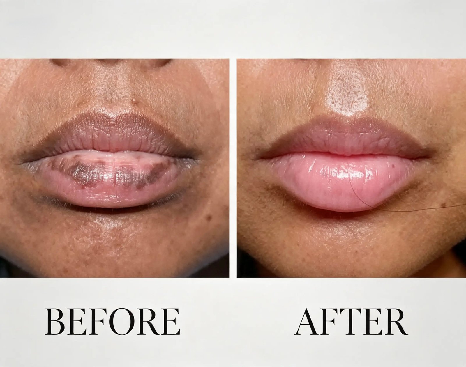 Dark and patchy lip pigmentation before and after laser lip neutralisation at Skintastic Southampton