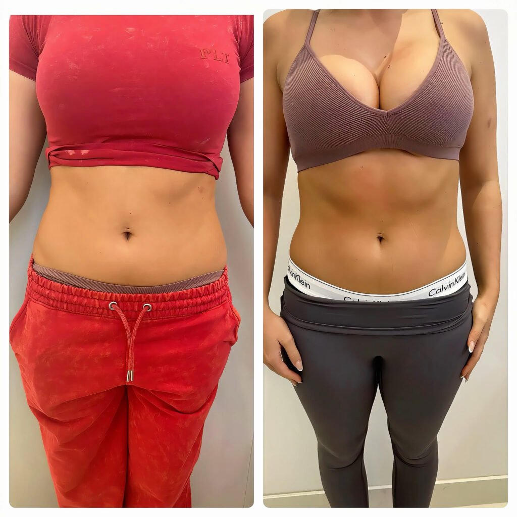 Ten sessions, twice a week Front view of a client’s stomach and waist before and after ten EMS muscle sculpting sessions at Skintastic Southampton