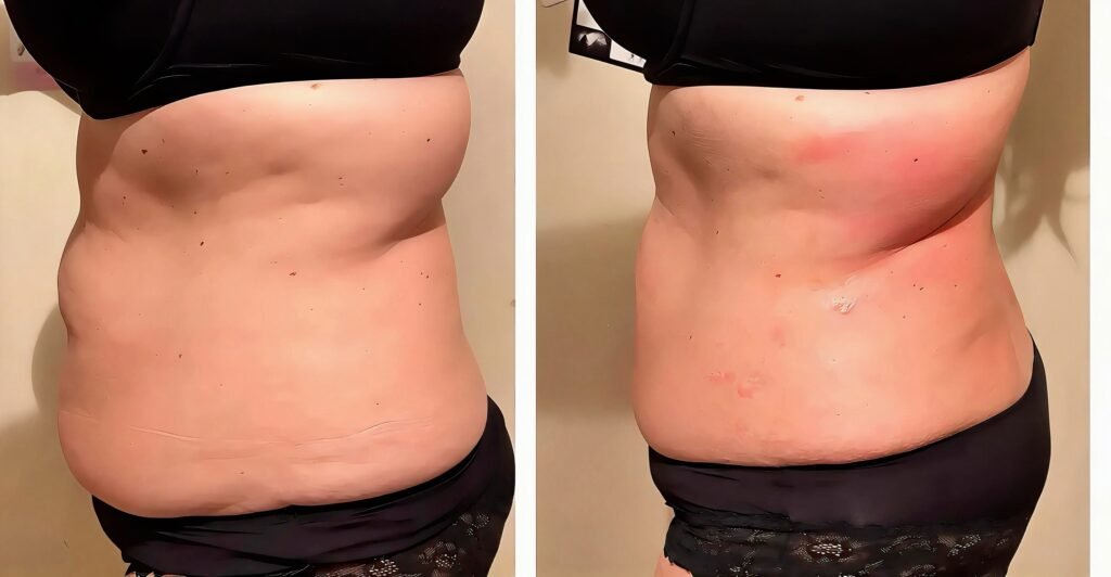 Side view of a client’s stomach and waist before and after three months of ultrasound cavitation at Skintastic Southampton