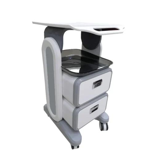 Two tier mobile medical trolley with lockable drawers and castors for clinic use