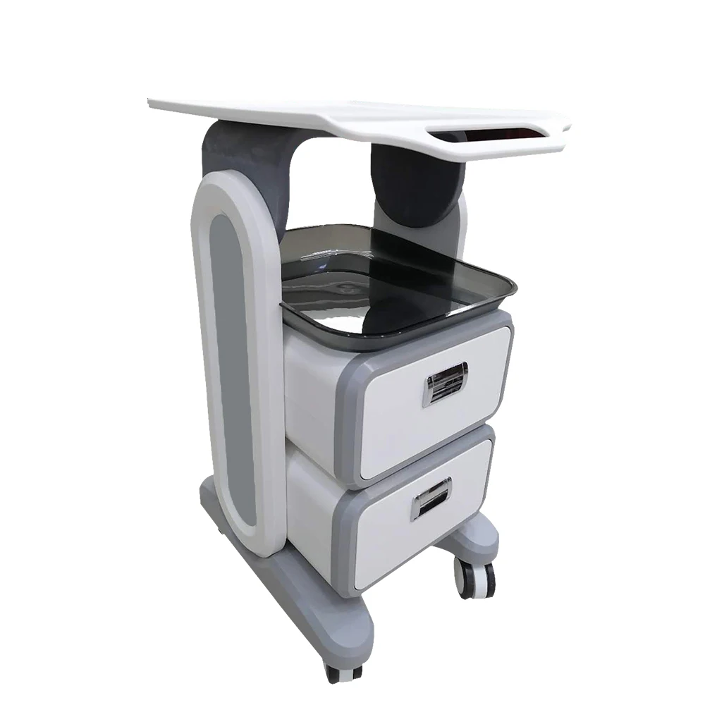 Two tier mobile medical trolley with lockable drawers and castors for clinic use