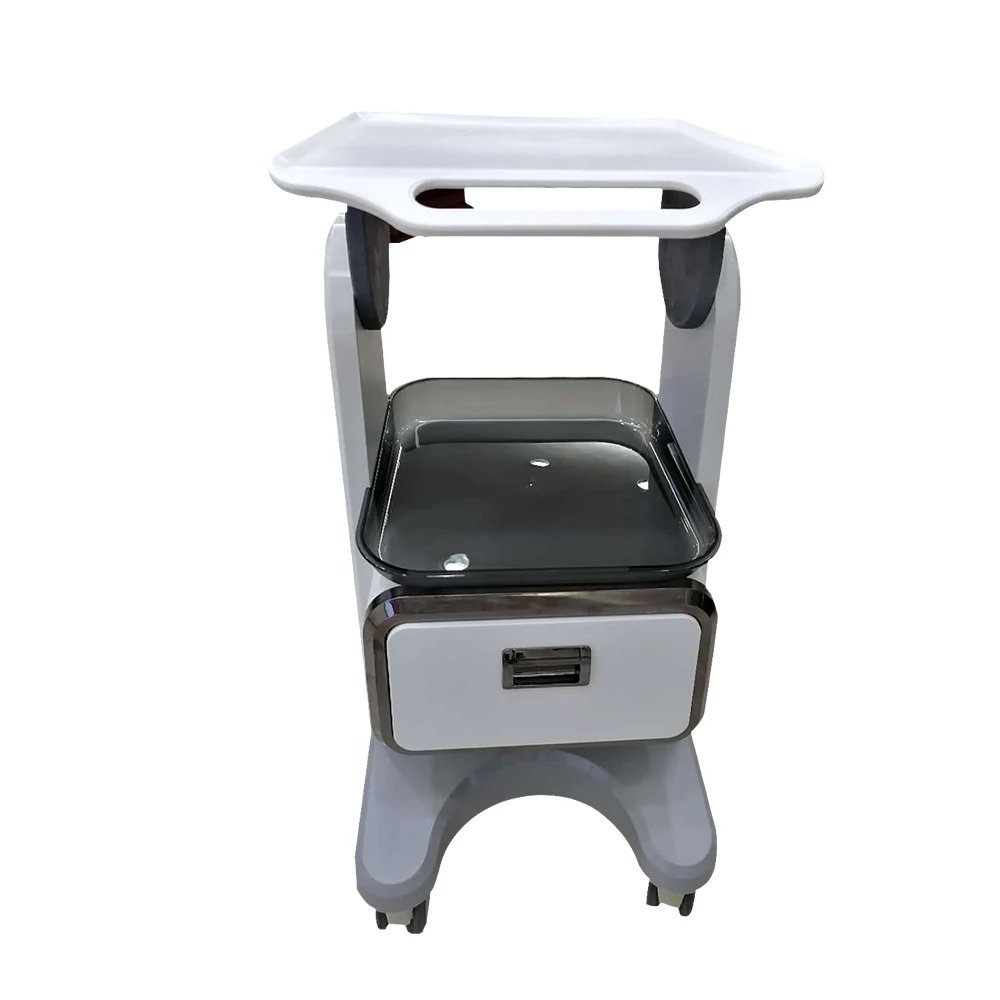 Two tier mobile medical trolley with lockable drawers and castors for clinic use