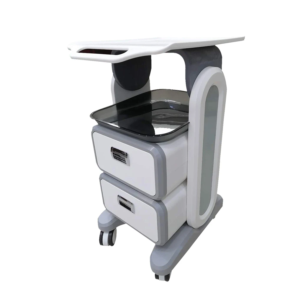 Two tier mobile medical trolley with lockable drawers and castors for clinic use
