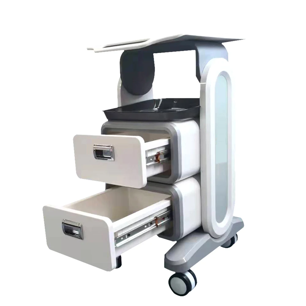 Two tier mobile medical trolley with lockable drawers and castors for clinic use