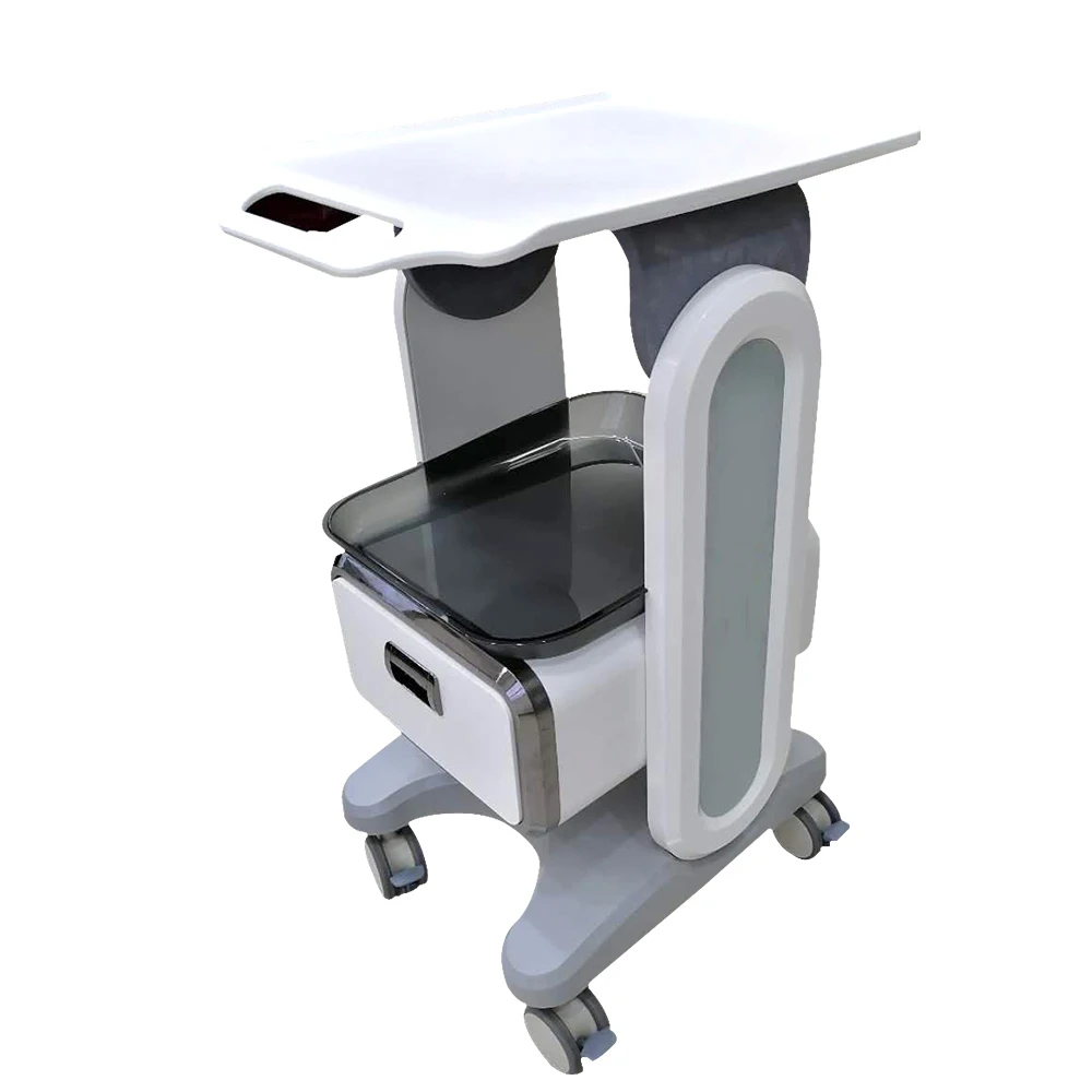 Two tier mobile medical trolley with lockable drawers and castors for clinic use