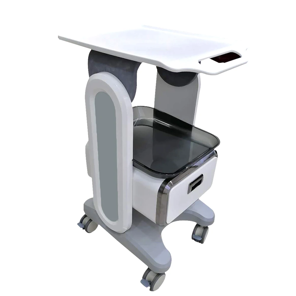 Two tier mobile medical trolley with lockable drawers and castors for clinic use
