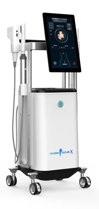 Smasfocus X 20D HIFU machine on its trolley with touchscreen and handpieces
