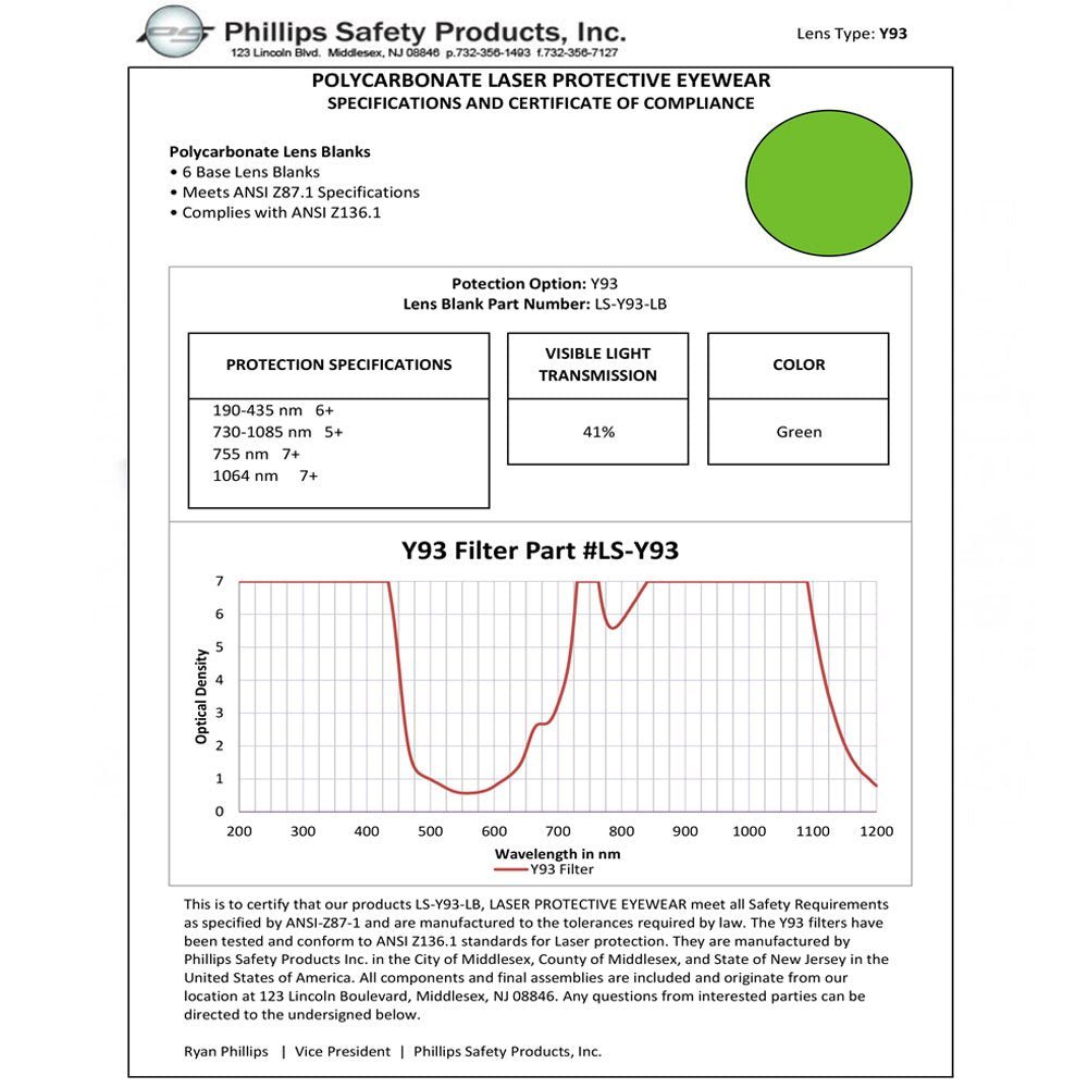 Specification sheet for Y93 Alexandrite Diode YAG laser safety glasses, LS-Y93-33-BK